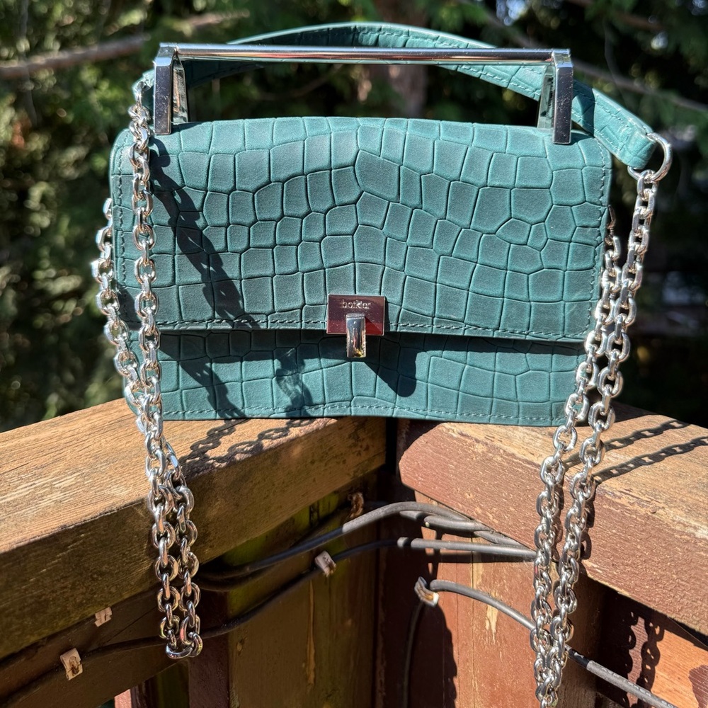 Botkier Teal Croc-Embossed Crossbody Bag with Silver Chain